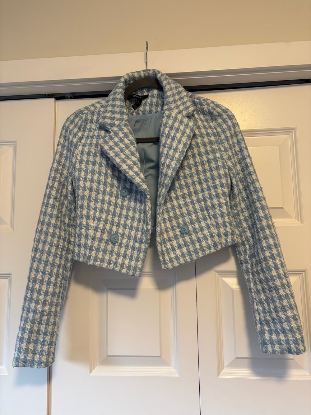 Forever 21 Cropped Houndstooth Blazer - Light Blue & White